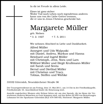 Traueranzeige von Margarete Müller von Neue Westfälische