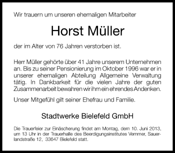 Traueranzeige von Horst Müller von Neue Westfälische