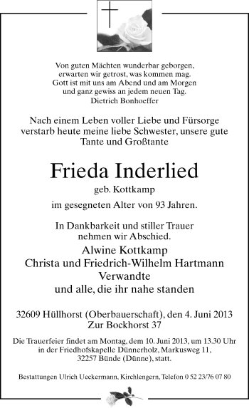 Traueranzeige von Frieda Inderlind von Neue Westfälische