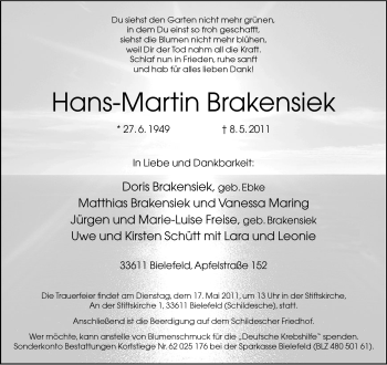 Traueranzeige von Hans-Martin Brakensiek von Neue Westfälische