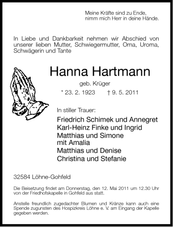 Traueranzeige von Hanna Hartmann von Neue Westfälische