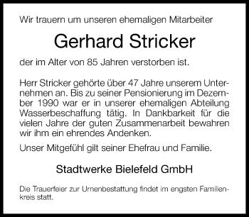 Traueranzeige von Gerhard Stricker von Neue Westfälische