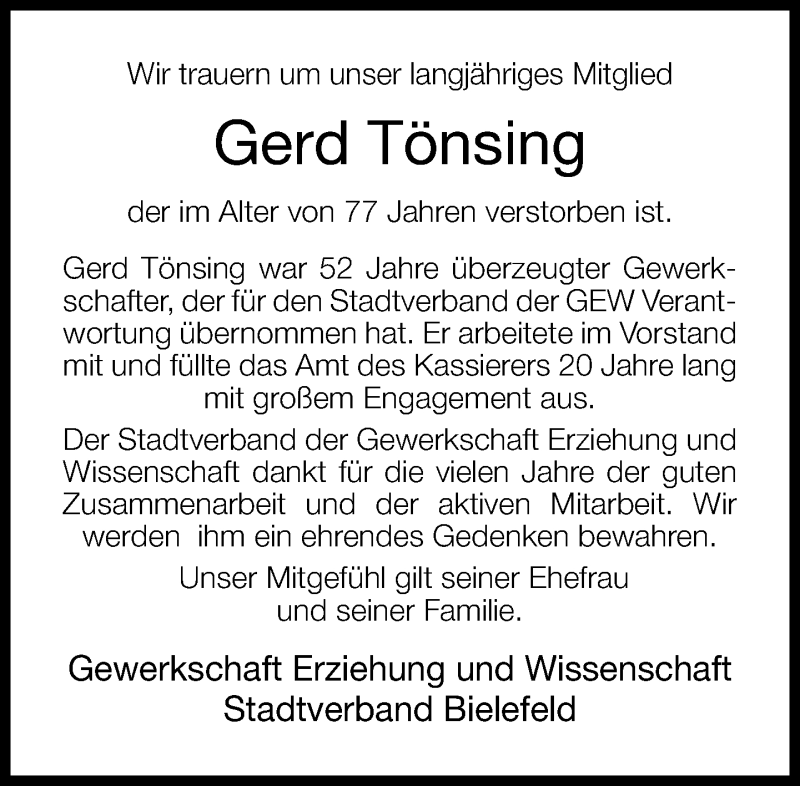  Traueranzeige für Gerd Tönsing vom 11.06.2013 aus Neue Westfälische