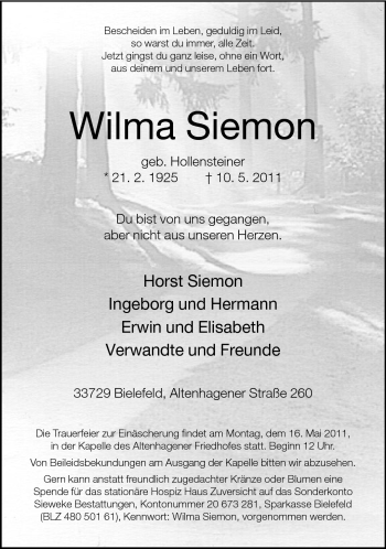 Traueranzeige von Wilma Siemon von Neue Westfälische