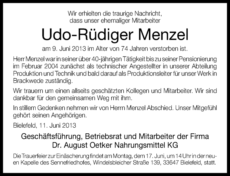 Traueranzeige für Udo-Rüdiger Menzel vom 12.06.2013 aus Neue Westfälische