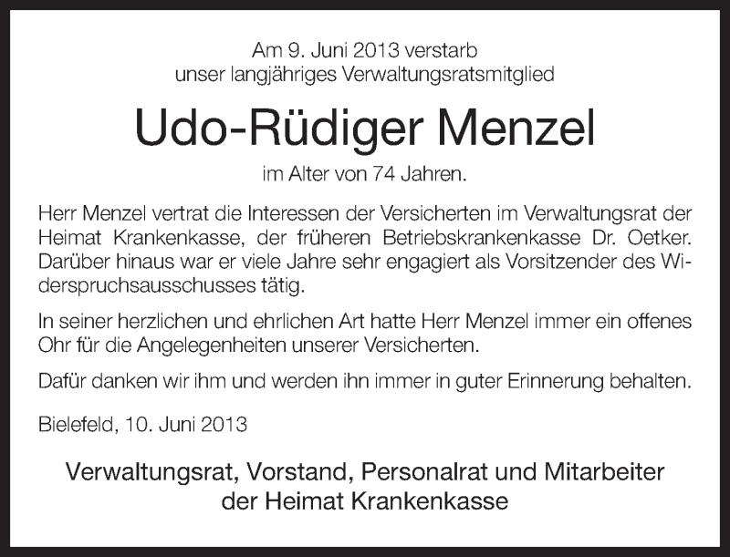  Traueranzeige für Udo-Rüdiger Menzel vom 12.06.2013 aus Neue Westfälische