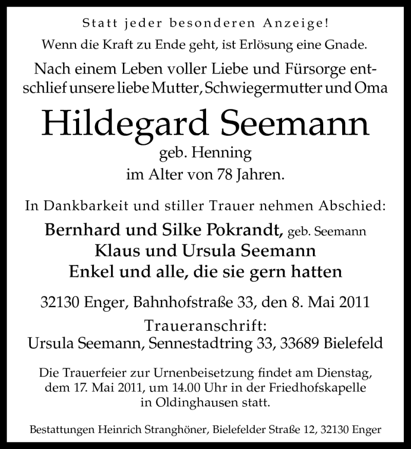  Traueranzeige für Hildegard Seemann vom 13.05.2011 aus Neue Westfälische