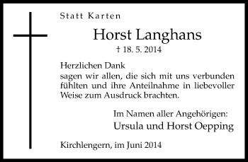 Traueranzeige von Horst Langhans von Neue Westfälische