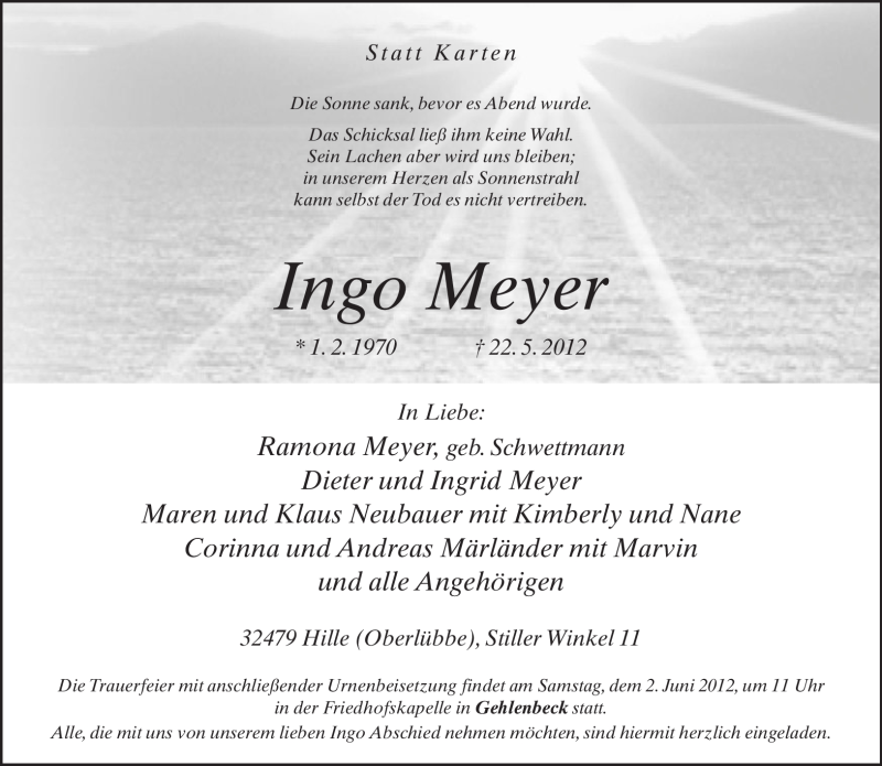  Traueranzeige für Ingo Meyer vom 26.05.2012 aus Neue Westfälische