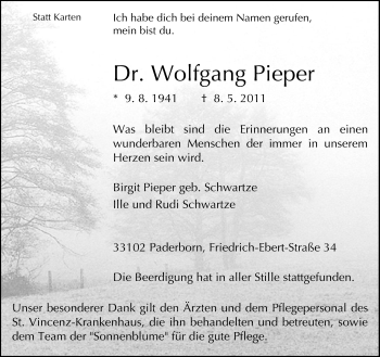 Traueranzeige von Wolfgang Pieper von Neue Westfälische