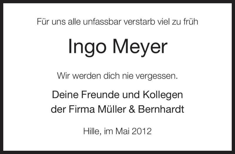  Traueranzeige für Ingo Meyer vom 30.05.2012 aus Neue Westfälische