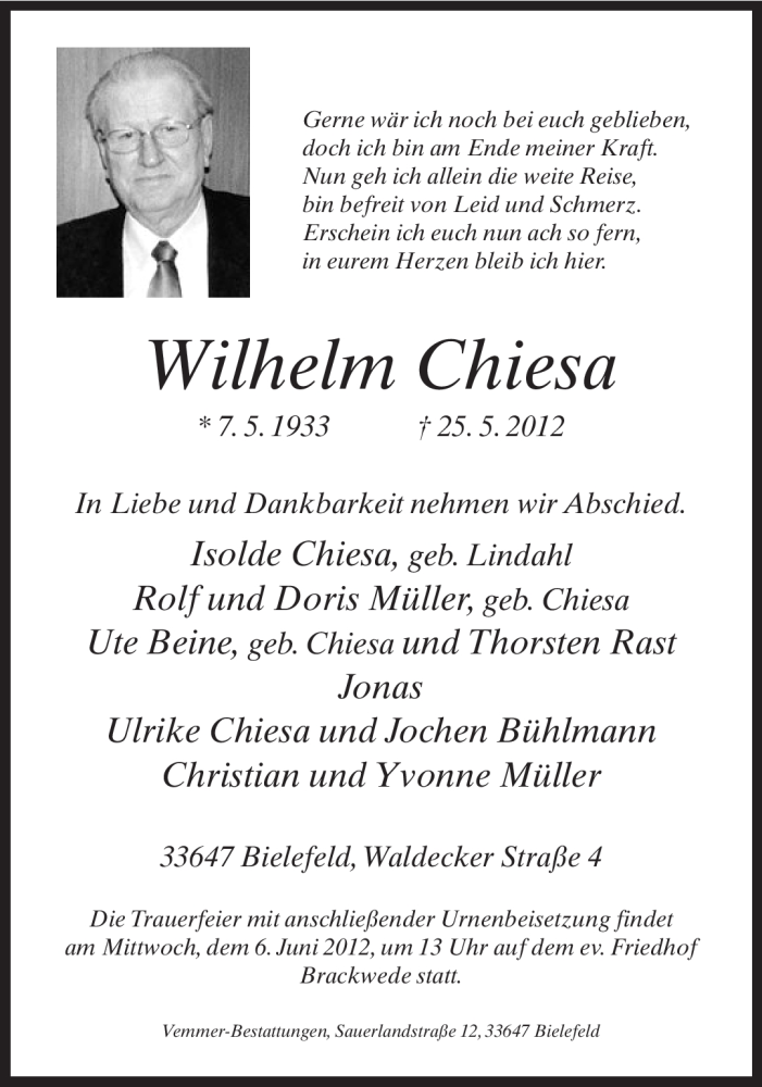  Traueranzeige für Wilhelm Chiesa vom 30.05.2012 aus Neue Westfälische