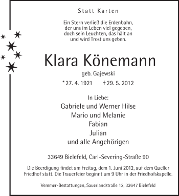 Traueranzeige von Klara Könemann von Neue Westfälische
