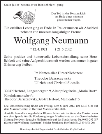 Traueranzeige von Wolfgang Neumann von Neue Westfälische
