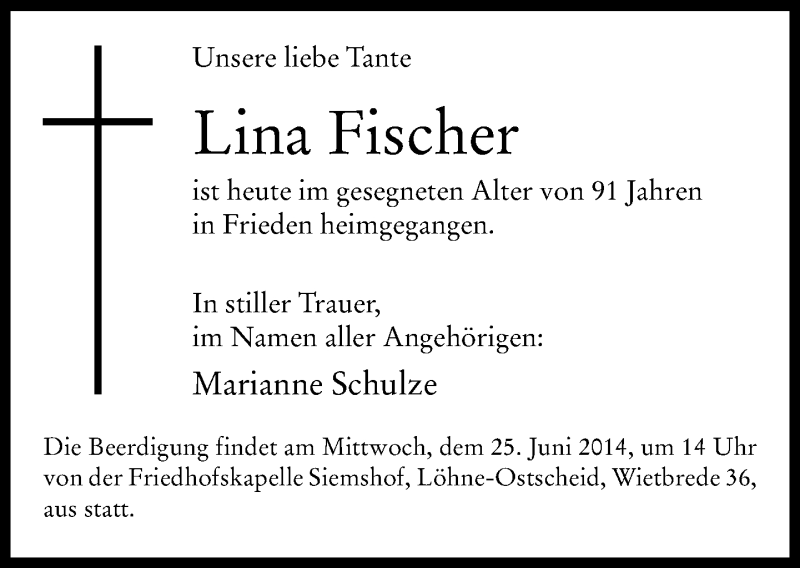  Traueranzeige für Lina  Fischer vom 23.06.2014 aus Neue Westfälische