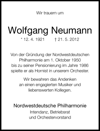 Traueranzeige von Wolfgang Neumann von Neue Westfälische
