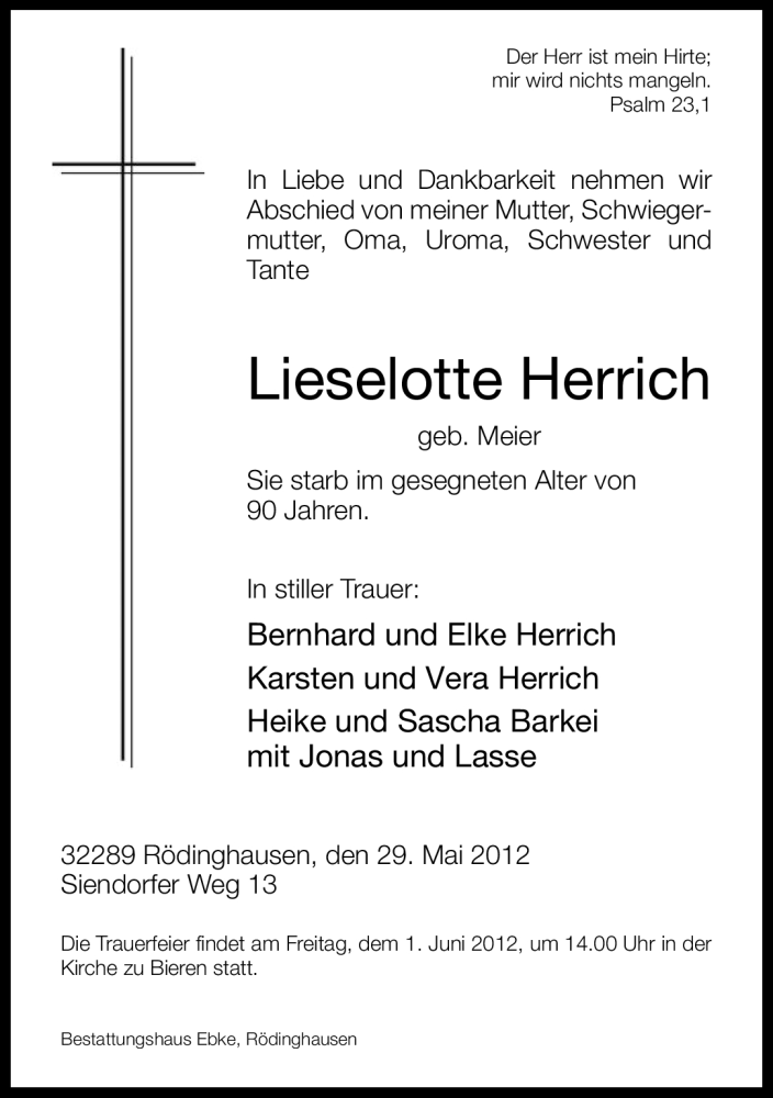  Traueranzeige für Lieselotte Herrich vom 01.06.2012 aus Neue Westfälische