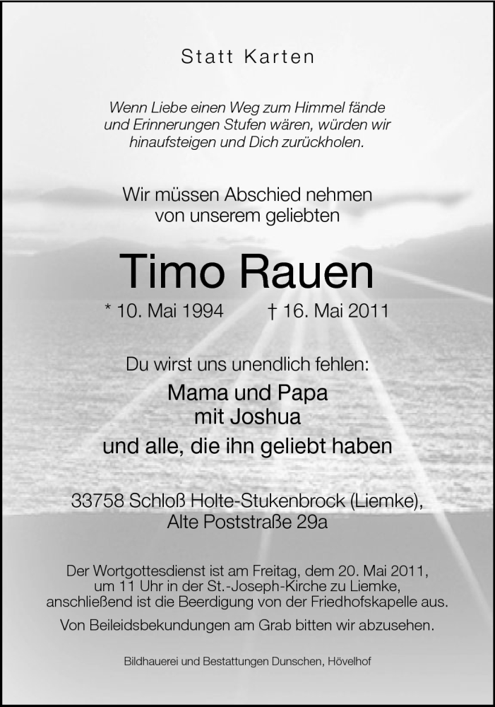  Traueranzeige für Timo Rauen vom 19.05.2011 aus Neue Westfälische