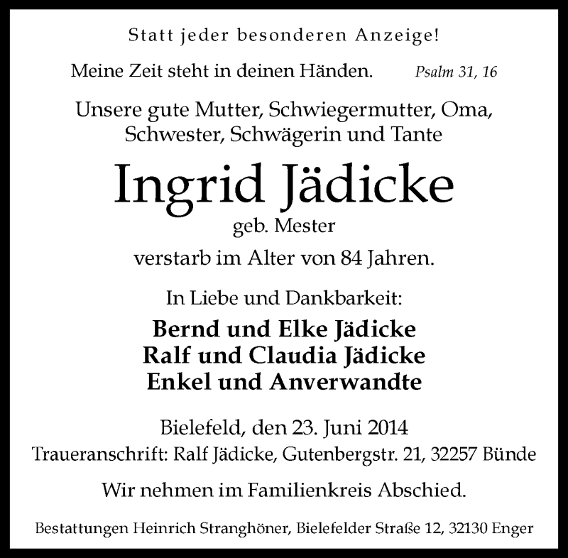  Traueranzeige für Ingrid Jädicke vom 26.06.2014 aus Neue Westfälische