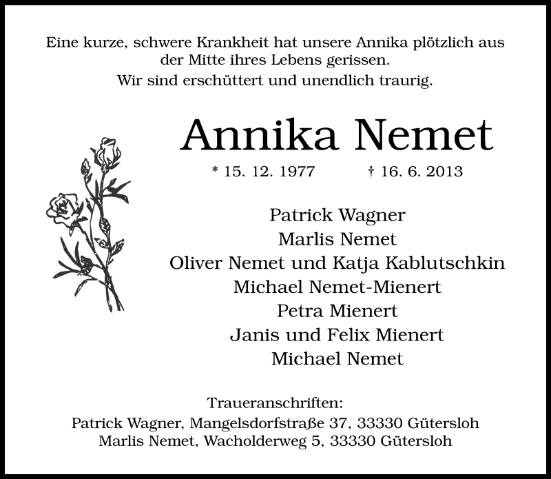  Traueranzeige für Annika Nemet vom 18.06.2013 aus Neue Westfälische