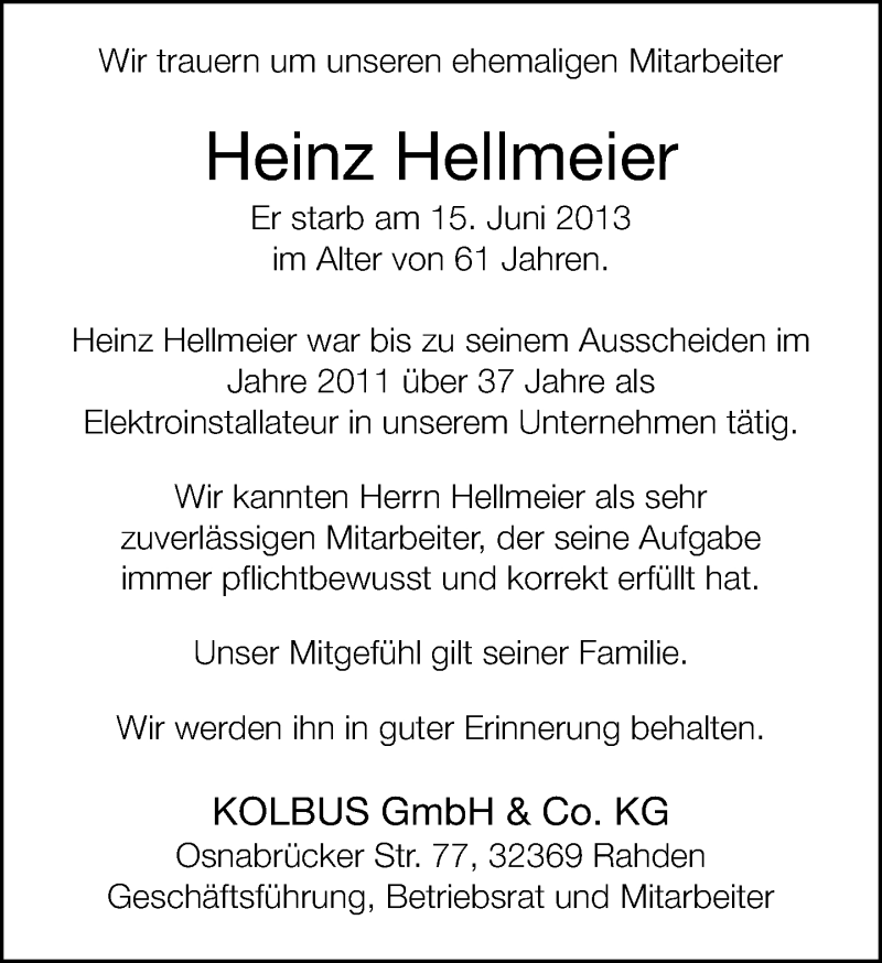  Traueranzeige für Heinz Hellmeier vom 19.06.2013 aus Neue Westfälische