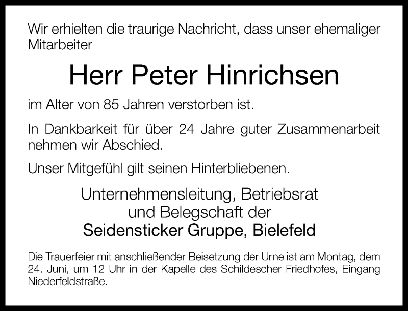  Traueranzeige für Peter Hinrichsen vom 22.06.2013 aus Neue Westfälische