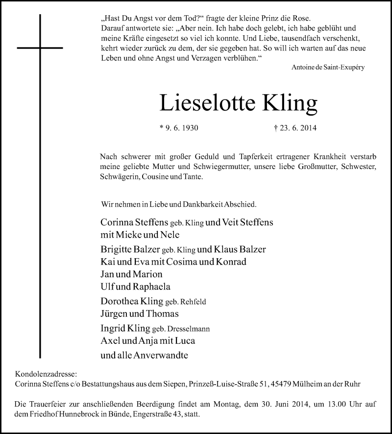  Traueranzeige für Lieselotte Kling vom 27.06.2014 aus Neue Westfälische