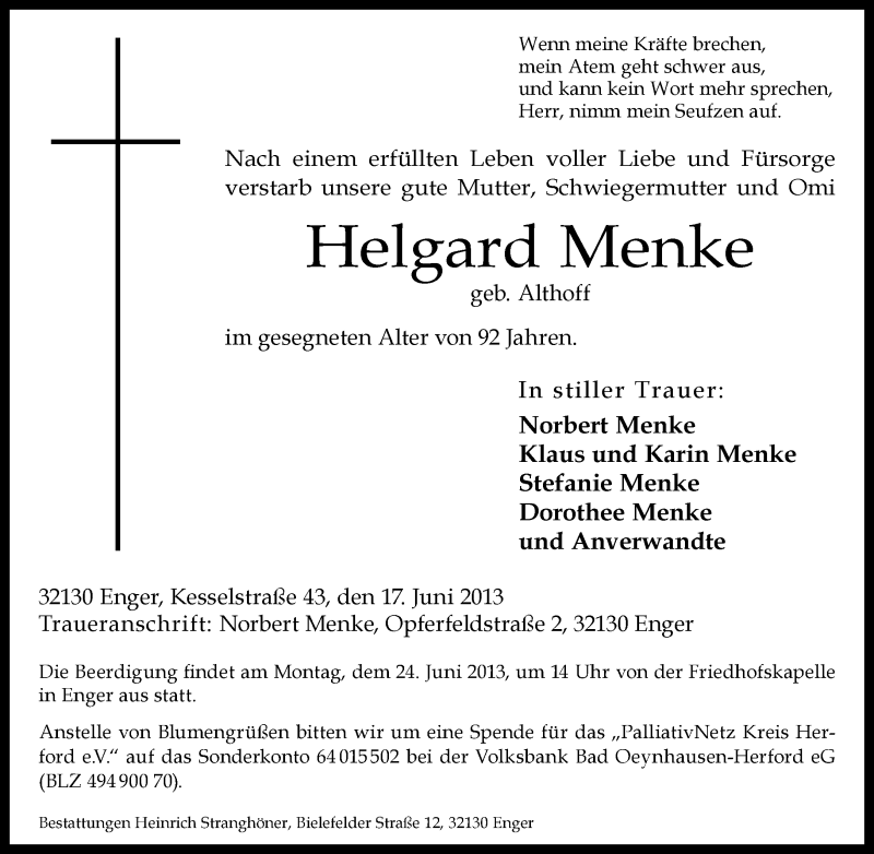  Traueranzeige für Helgard Menke vom 20.06.2013 aus Neue Westfälische