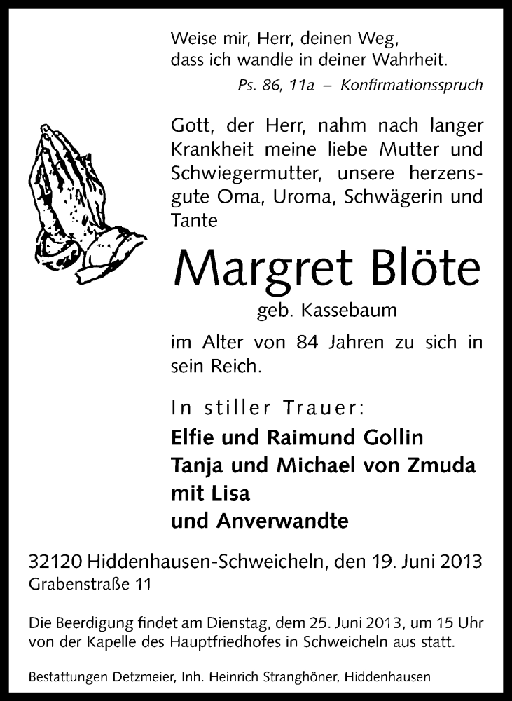  Traueranzeige für Margret Blöte vom 21.06.2013 aus Neue Westfälische