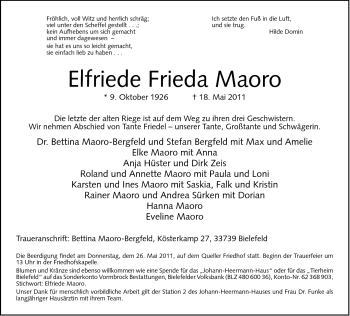 Traueranzeige von Elfriede Frieda Maoro von Neue Westfälische
