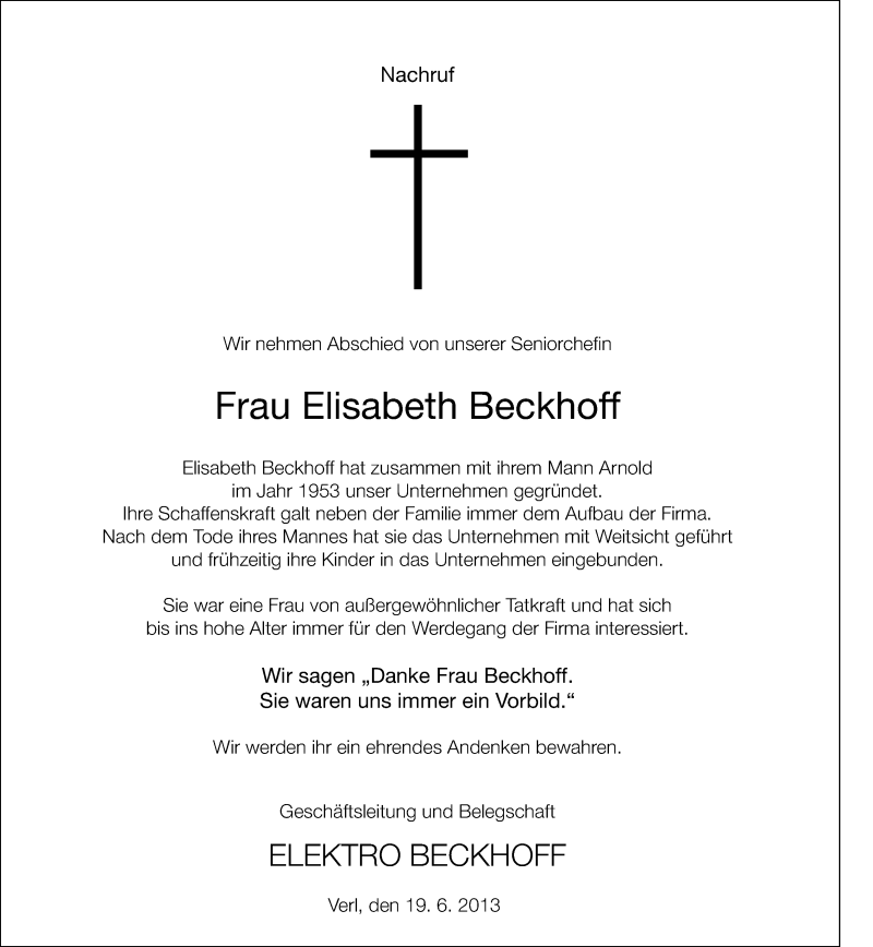  Traueranzeige für Elisabeth Beckhoff vom 22.06.2013 aus Neue Westfälische