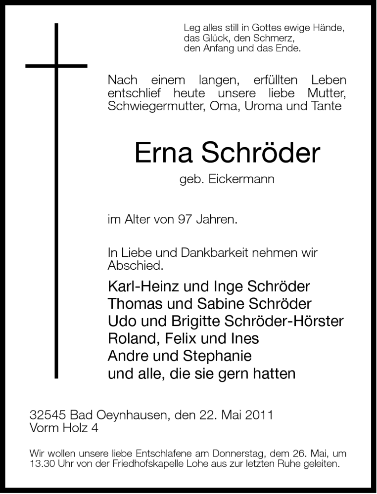  Traueranzeige für Erna Schröder vom 24.05.2011 aus Neue Westfälische