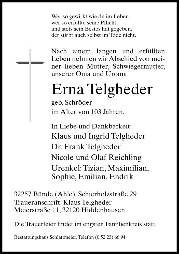  Traueranzeige für Erna Telgheder vom 02.03.2015 aus Neue Westfälische