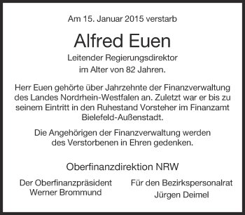 Traueranzeige von Alfred Euen von Neue Westfälische