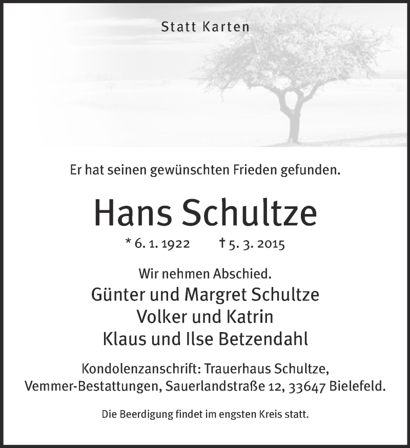  Traueranzeige für Hans Schultze vom 09.03.2015 aus Neue Westfälische