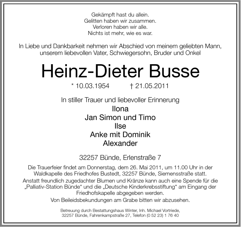  Traueranzeige für Heinz-Dieter Busse vom 24.05.2011 aus Neue Westfälische