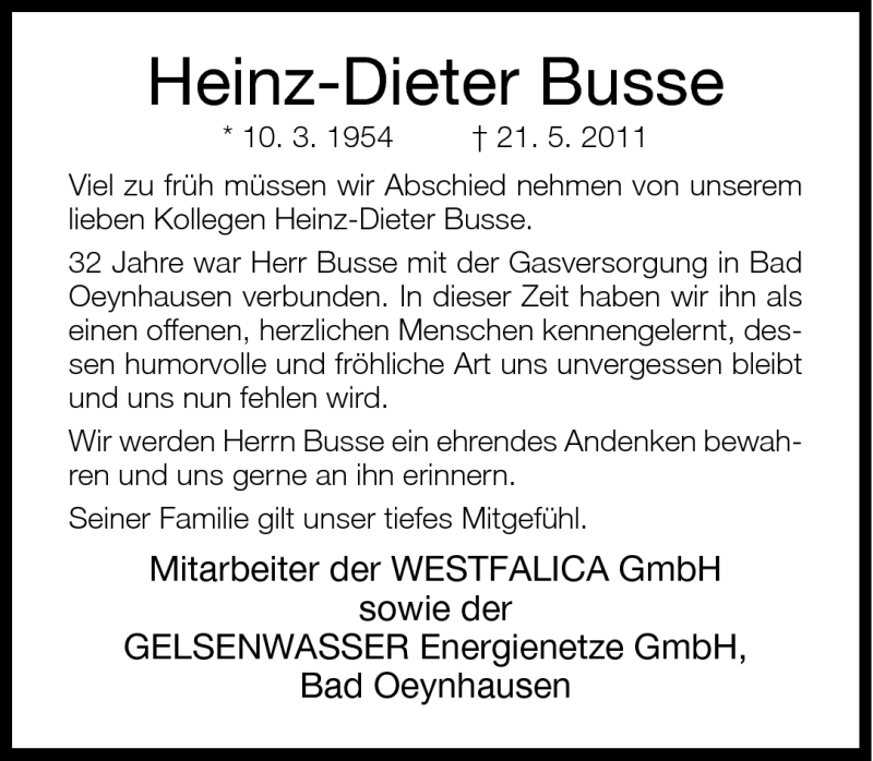  Traueranzeige für Heinz-Dieter Busse vom 25.05.2011 aus Neue Westfälische