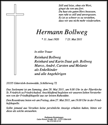 Traueranzeige von Hermann Bollweg von Neue Westfälische