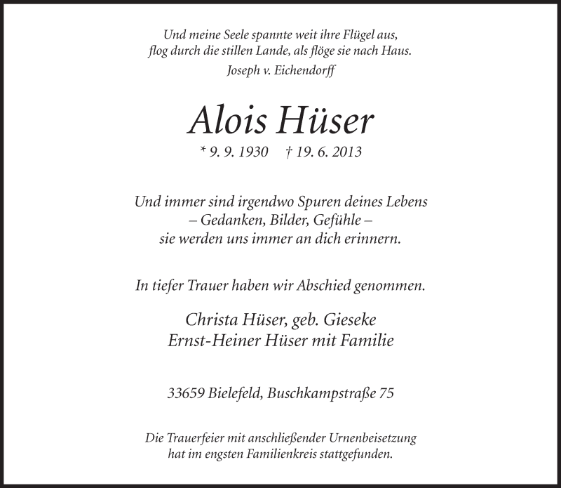  Traueranzeige für Alois Hüser vom 02.07.2013 aus Neue Westfälische
