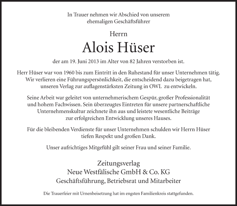  Traueranzeige für Alois Hüser vom 02.07.2013 aus Neue Westfälische