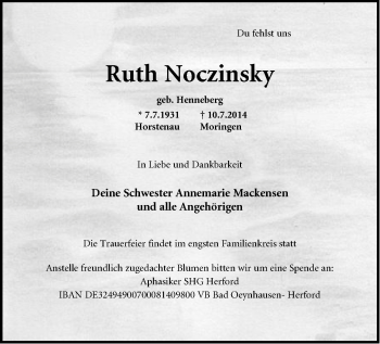 Traueranzeige von Ruth Noczinsky von Neue Westfälische