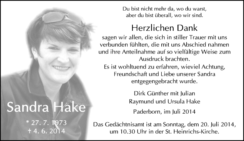  Traueranzeige für Sandra Hake vom 12.07.2014 aus Neue Westfälische