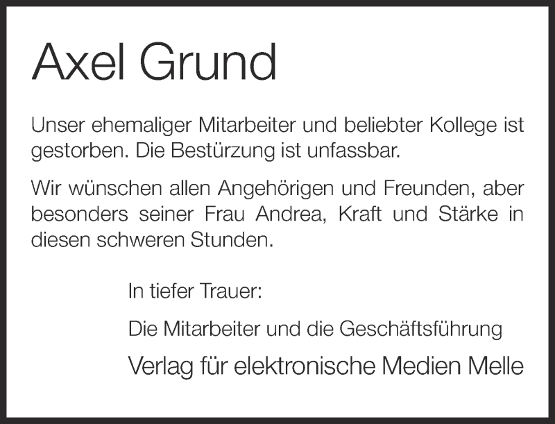  Traueranzeige für Axel Grund vom 12.07.2014 aus Neue Westfälische