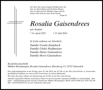 Traueranzeige von Rosalia Gaisendrees von Neue Westfälische