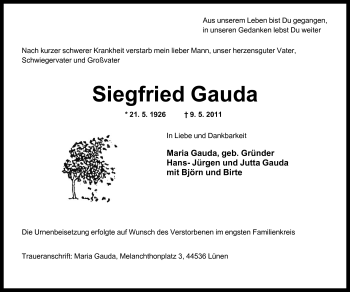 Traueranzeige von Siegfried Gauda von Neue Westfälische