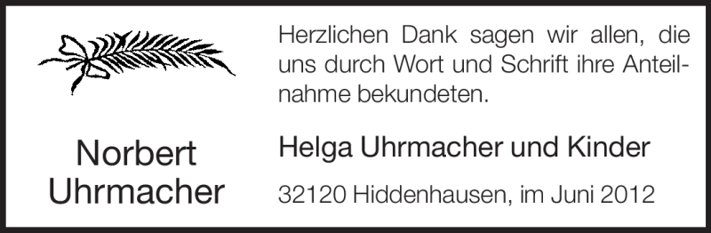  Traueranzeige für Norbert Uhrmacher vom 23.06.2012 aus Neue Westfälische