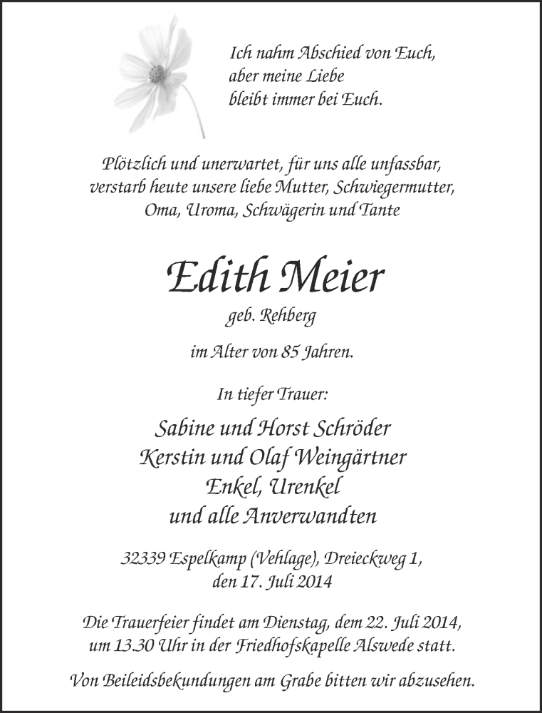 Traueranzeige für Edith  Meier vom 18.07.2014 aus Neue Westfälische