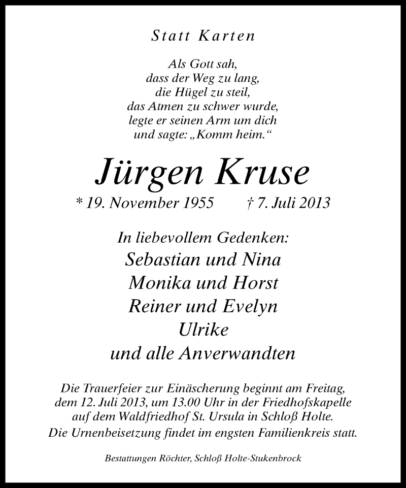  Traueranzeige für Jürgen Kruse vom 09.07.2013 aus Neue Westfälische