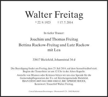 Traueranzeige von Walter Freitag von Neue Westfälische