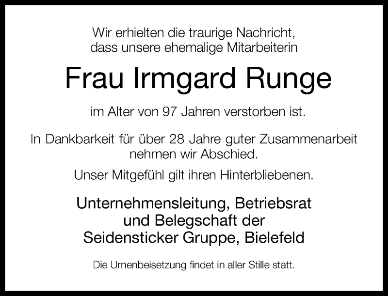  Traueranzeige für Irmgard Runge vom 13.07.2013 aus Neue Westfälische